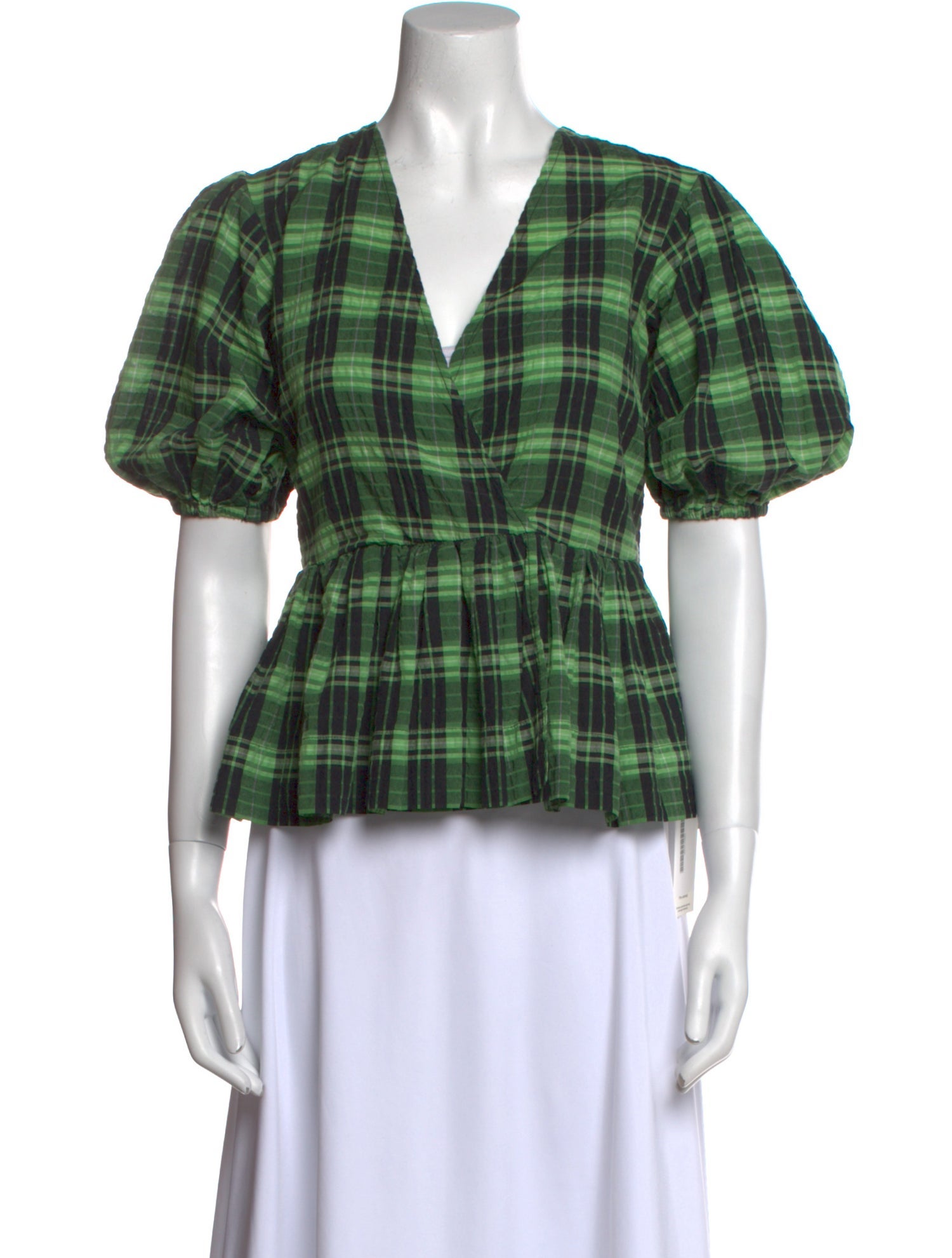 Ganni Plaid Print V-Neck Top