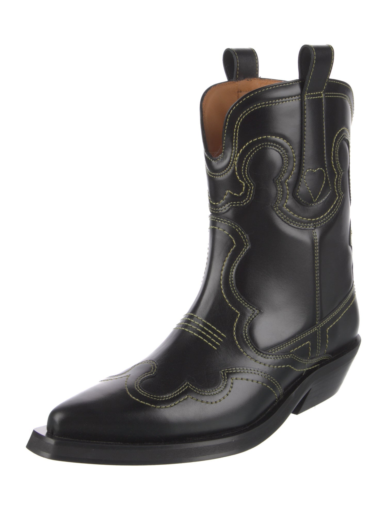 Ganni Leather Embroidered Accent Western Boots