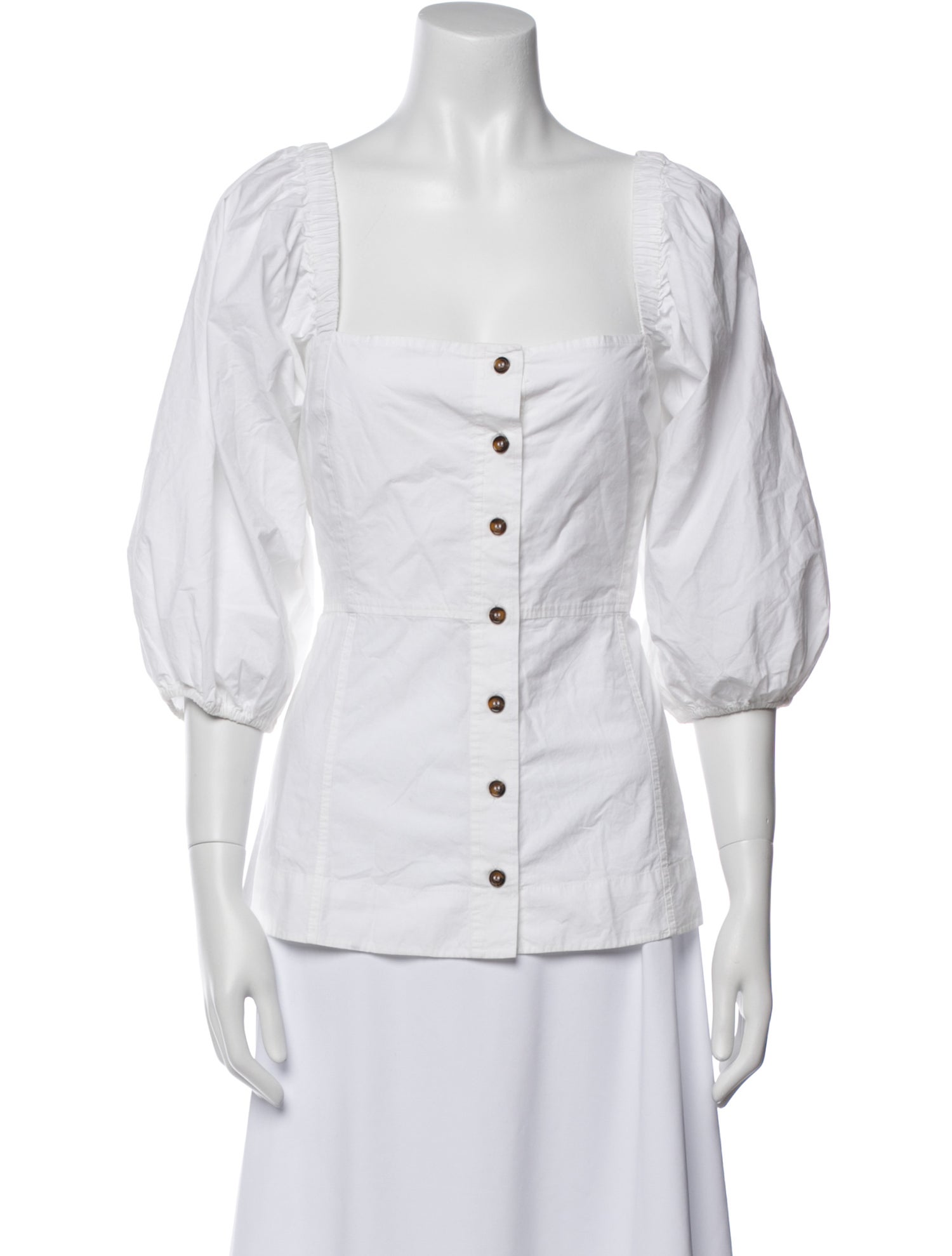 Ganni Square Neckline Three-Quarter Sleeve Button-Up Top
