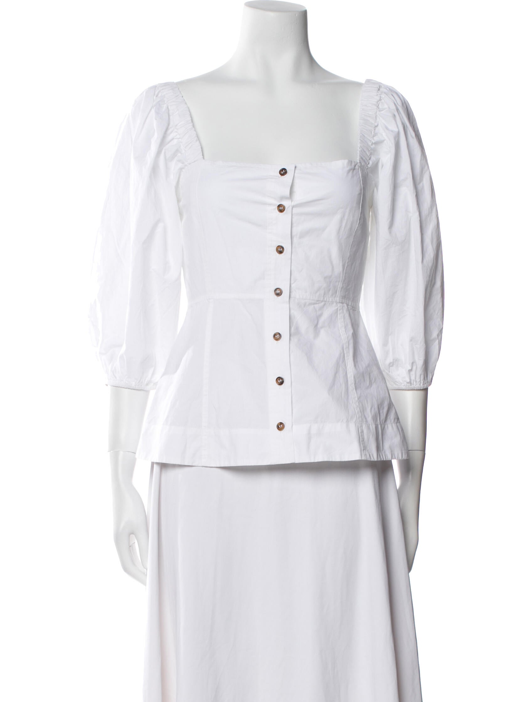 Ganni Square Neckline Three-Quarter Sleeve Button-Up Top