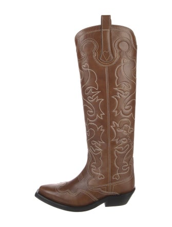 Ganni Leather Floral Print Riding Boots