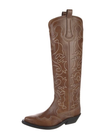 Ganni Leather Floral Print Riding Boots