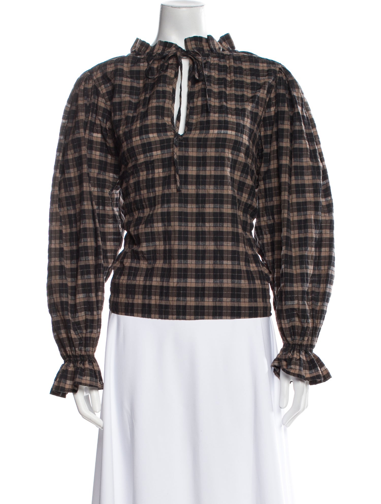 Ganni Plaid Print Tie Neck Sweatshirt