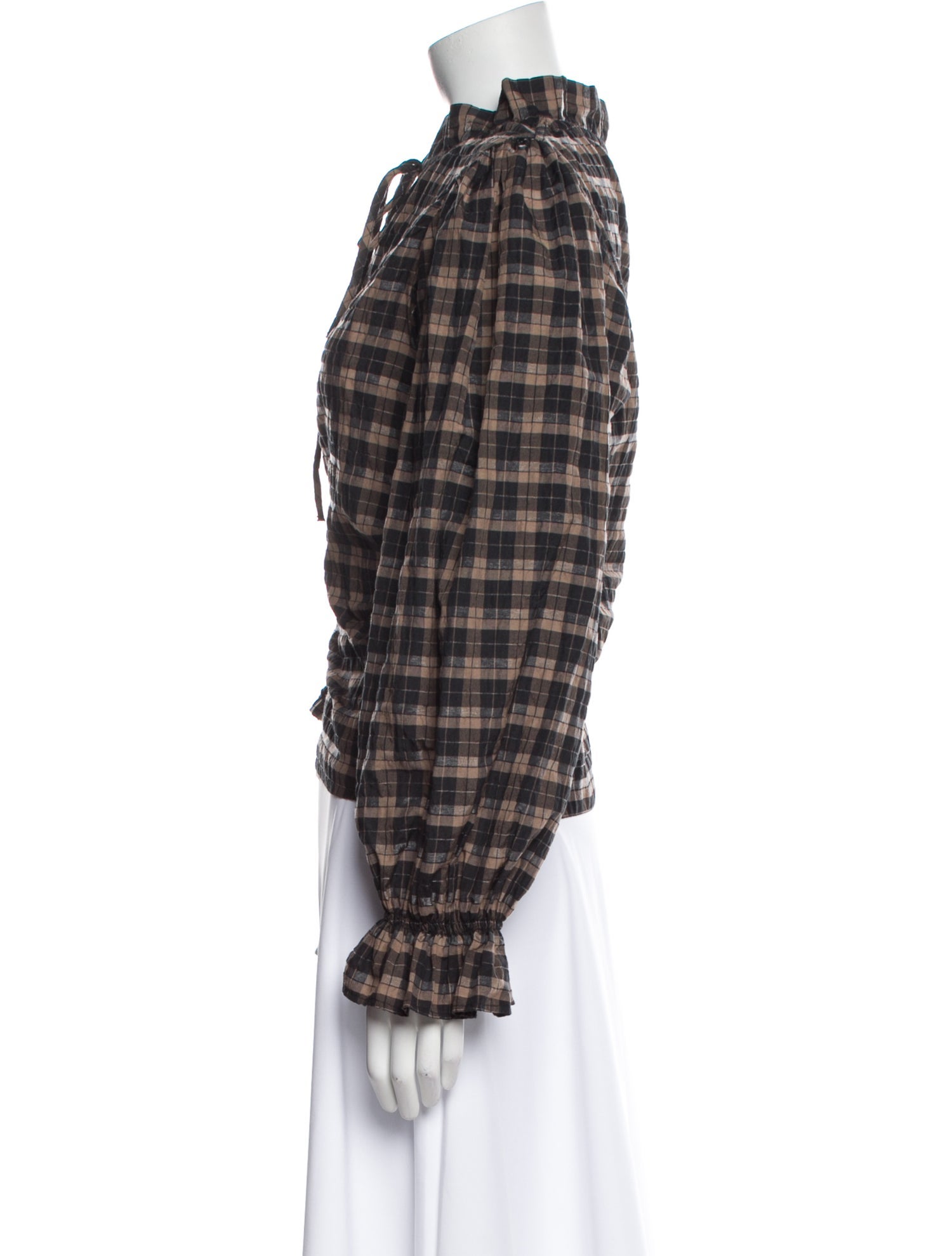 Ganni Plaid Print Tie Neck Sweatshirt