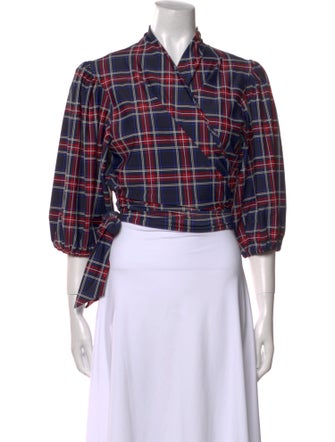 Ganni Plaid Print Three-Quarter Sleeve Crop Top