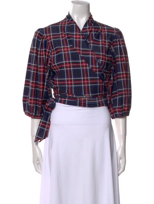 Ganni Plaid Print Three-Quarter Sleeve Crop Top