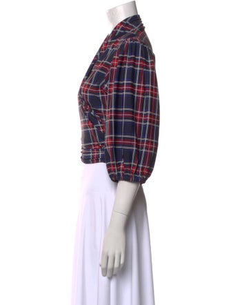 Ganni Plaid Print Three-Quarter Sleeve Crop Top