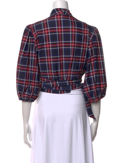 Ganni Plaid Print Three-Quarter Sleeve Crop Top