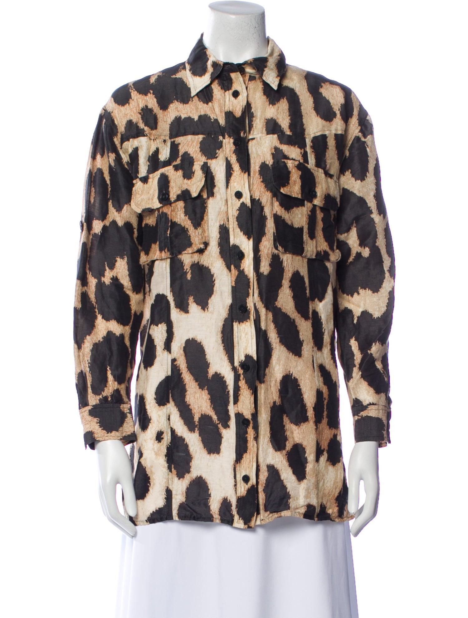 Ganni Linen Animal Print Button-Up Top