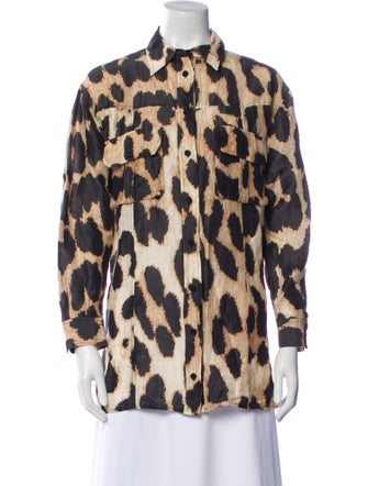 Ganni Linen Animal Print Button-Up Top
