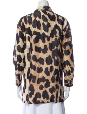 Ganni Linen Animal Print Button-Up Top