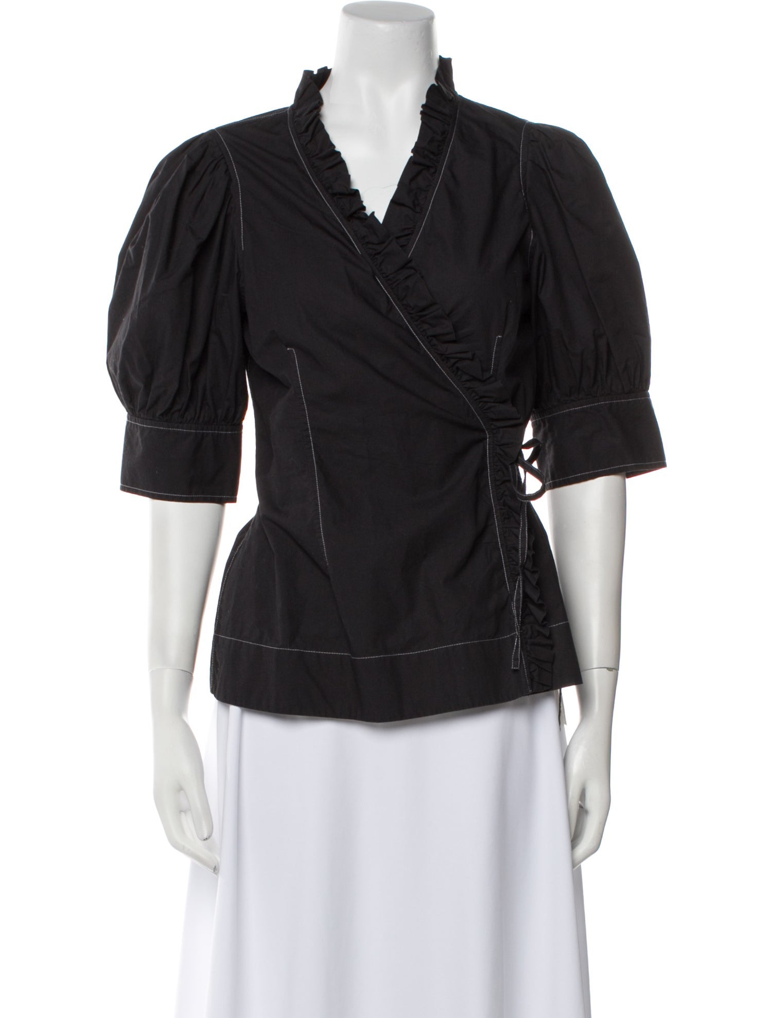 Ganni V-Neck Three-Quarter Sleeve Blouse