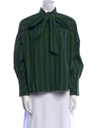 Ganni Striped Tie Neck Button-Up Top