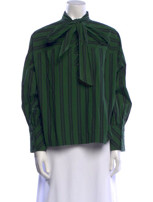 Ganni Striped Tie Neck Button-Up Top