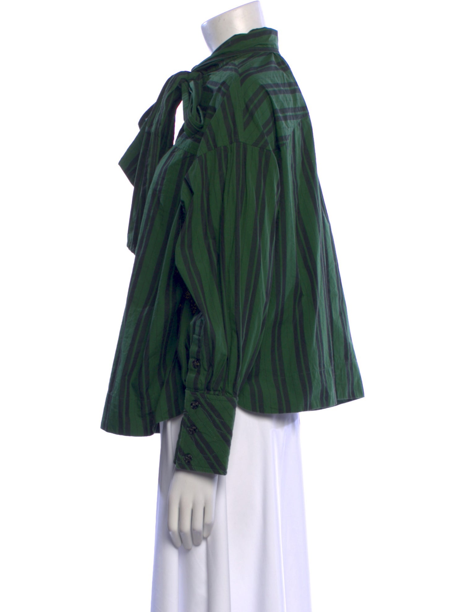Ganni Striped Tie Neck Button-Up Top