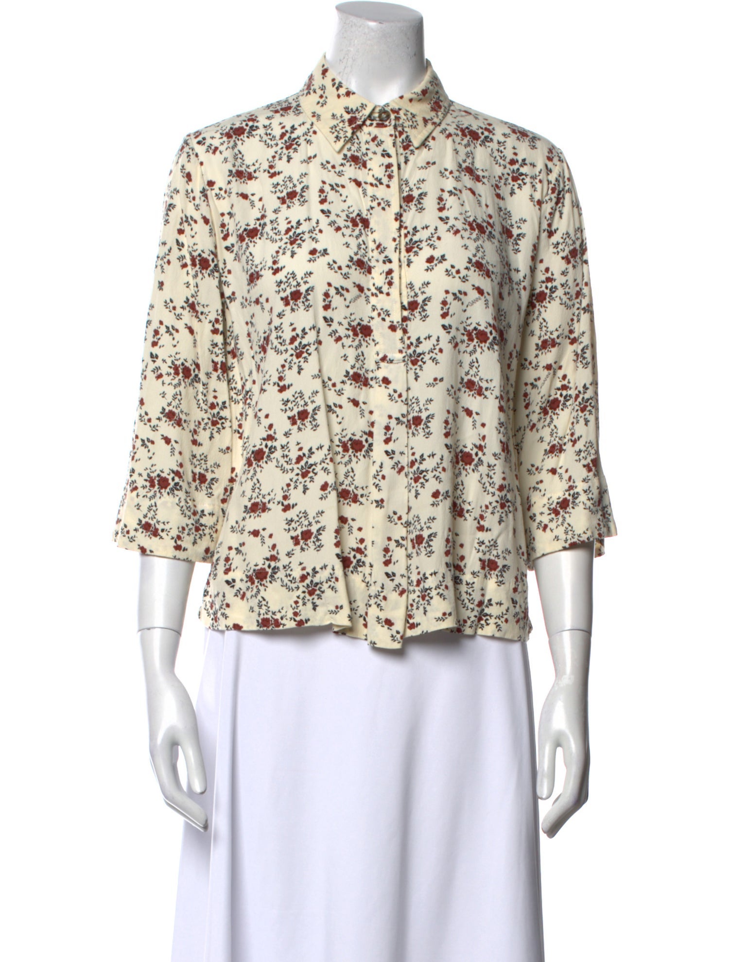 Ganni Floral Print Three-Quarter Sleeve Button-Up Top