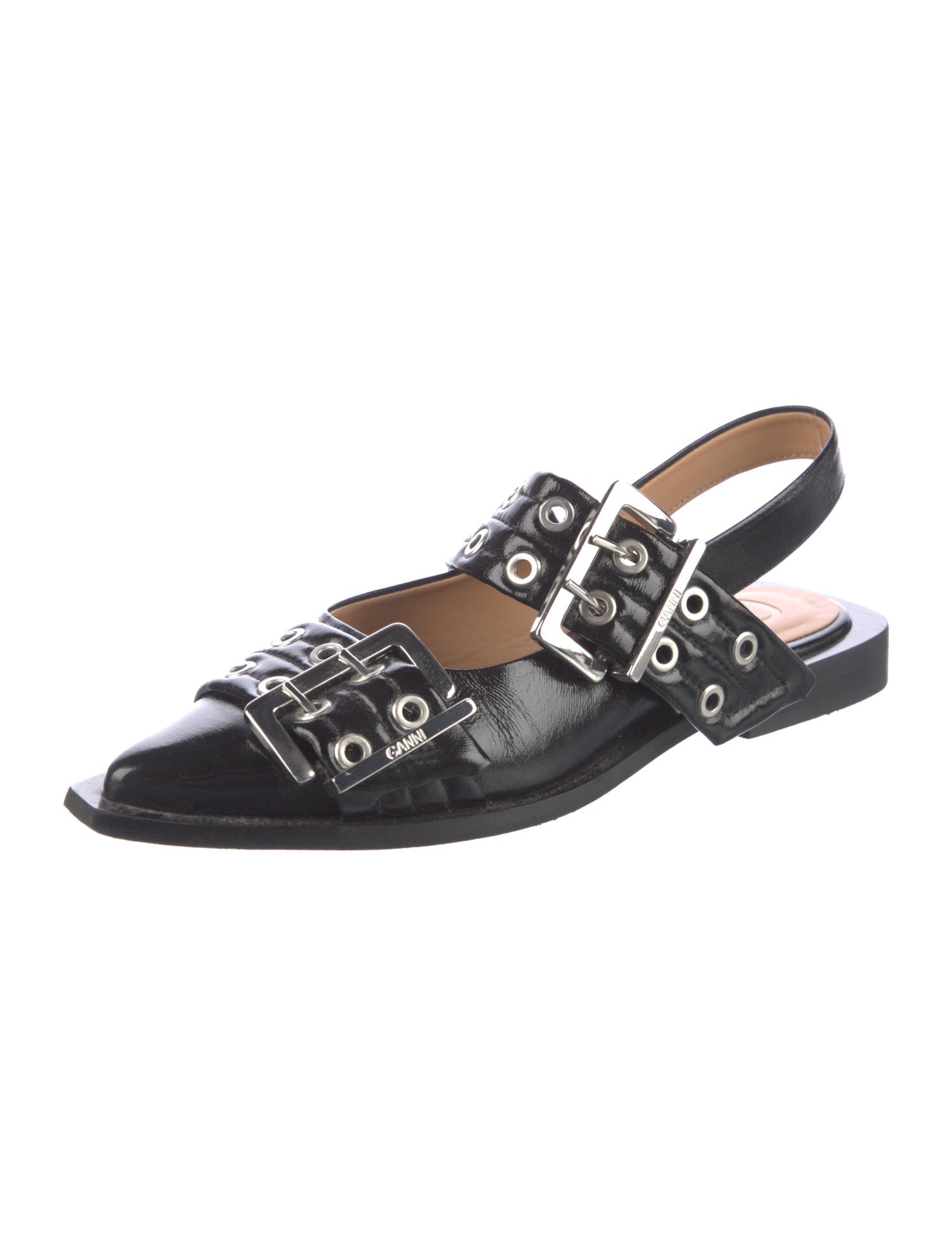 Ganni Patent Leather Eyelet Trim Slingback Flats
