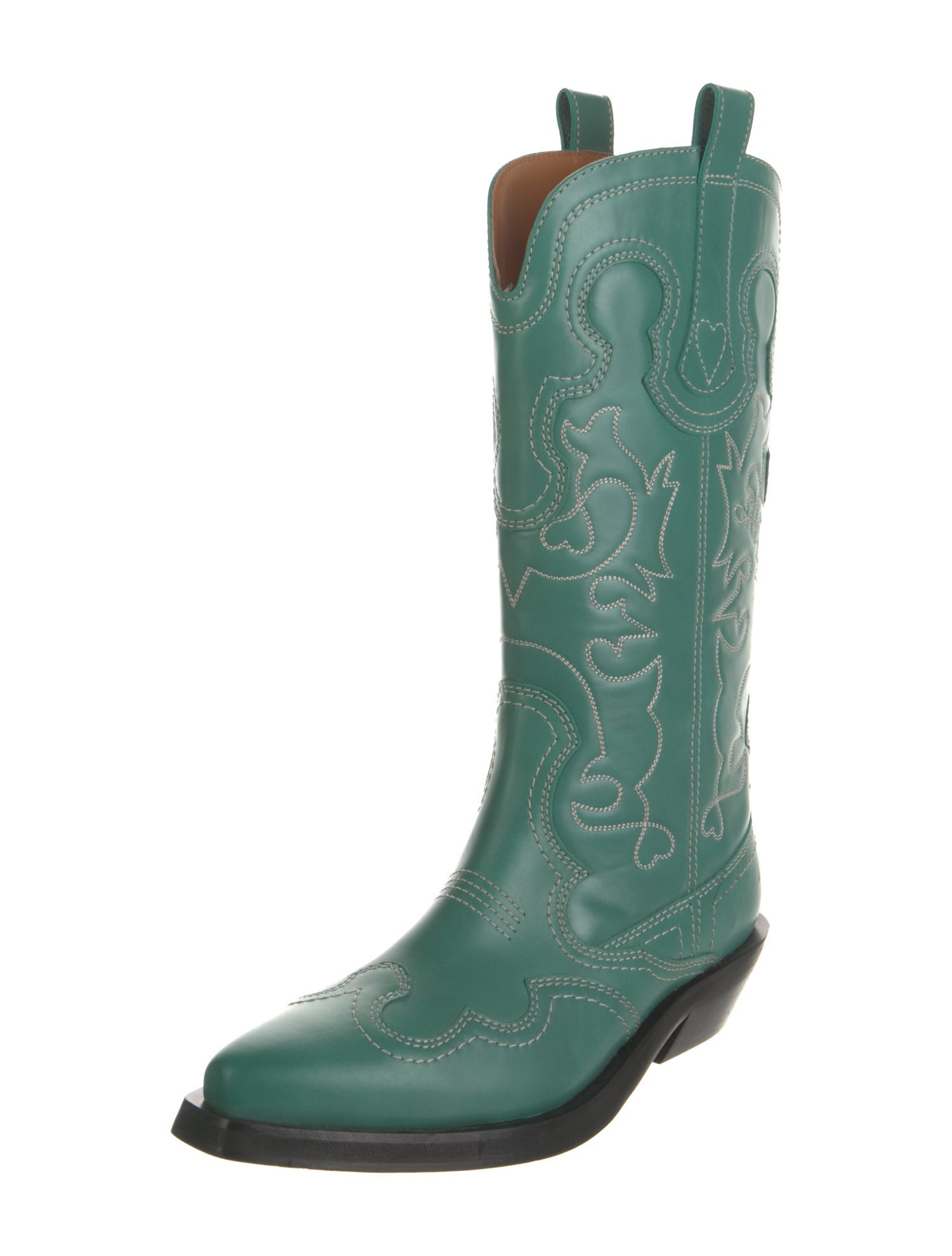 Ganni Leather Embroidered Accent Western Boots