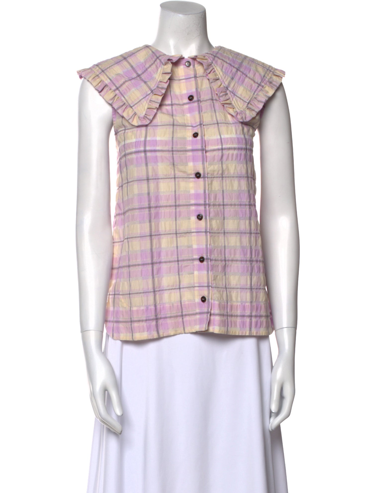 Ganni Plaid Print Crew Neck Blouse w/ Tags