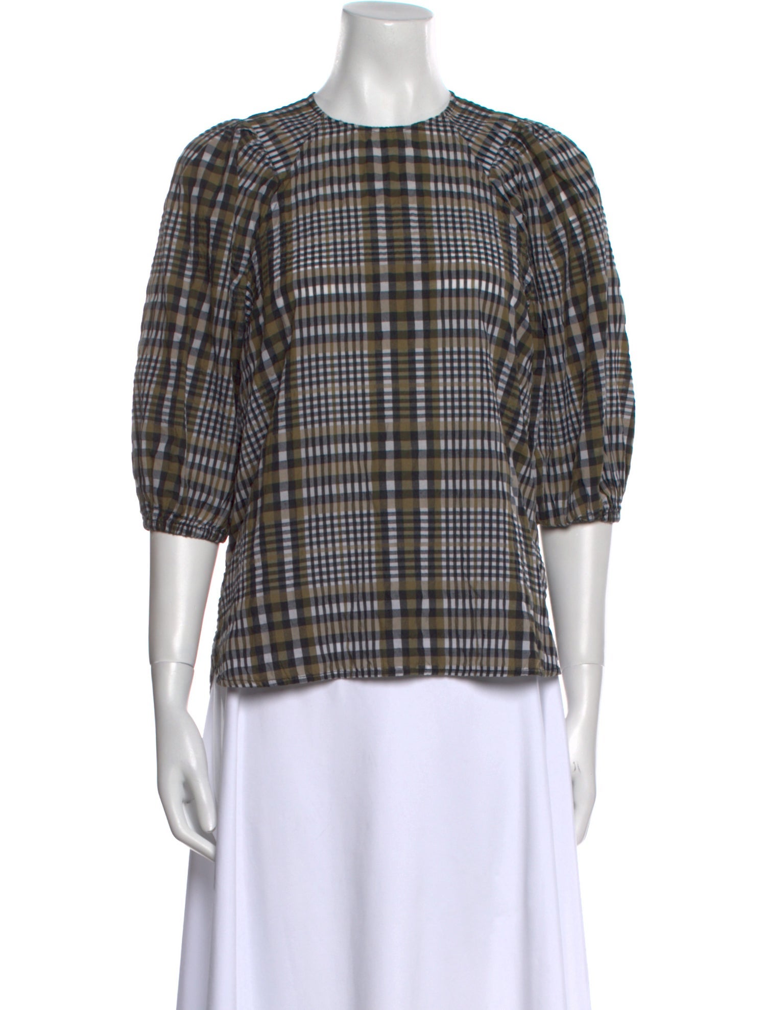 Ganni Plaid Print Crew Neck Button-Up Top