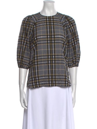 Ganni Plaid Print Crew Neck Button-Up Top