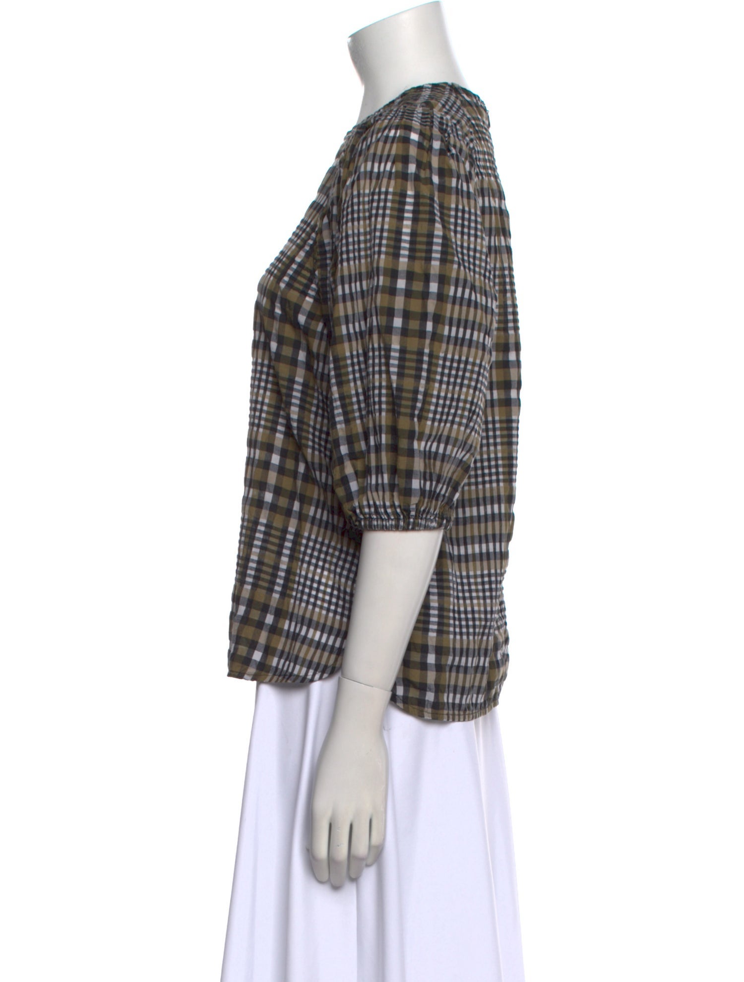 Ganni Plaid Print Crew Neck Button-Up Top