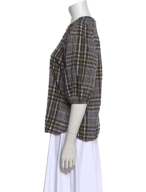 Ganni Plaid Print Crew Neck Button-Up Top