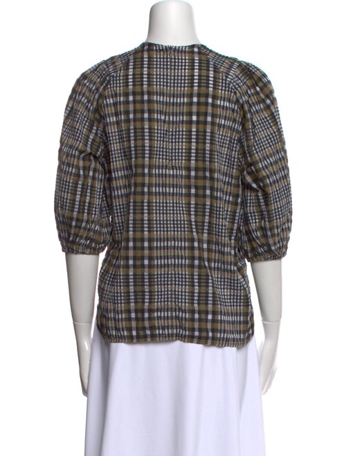 Ganni Plaid Print Crew Neck Button-Up Top
