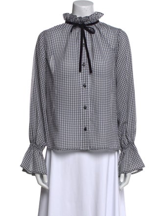 Ganni Plaid Print Mock Neck Blouse