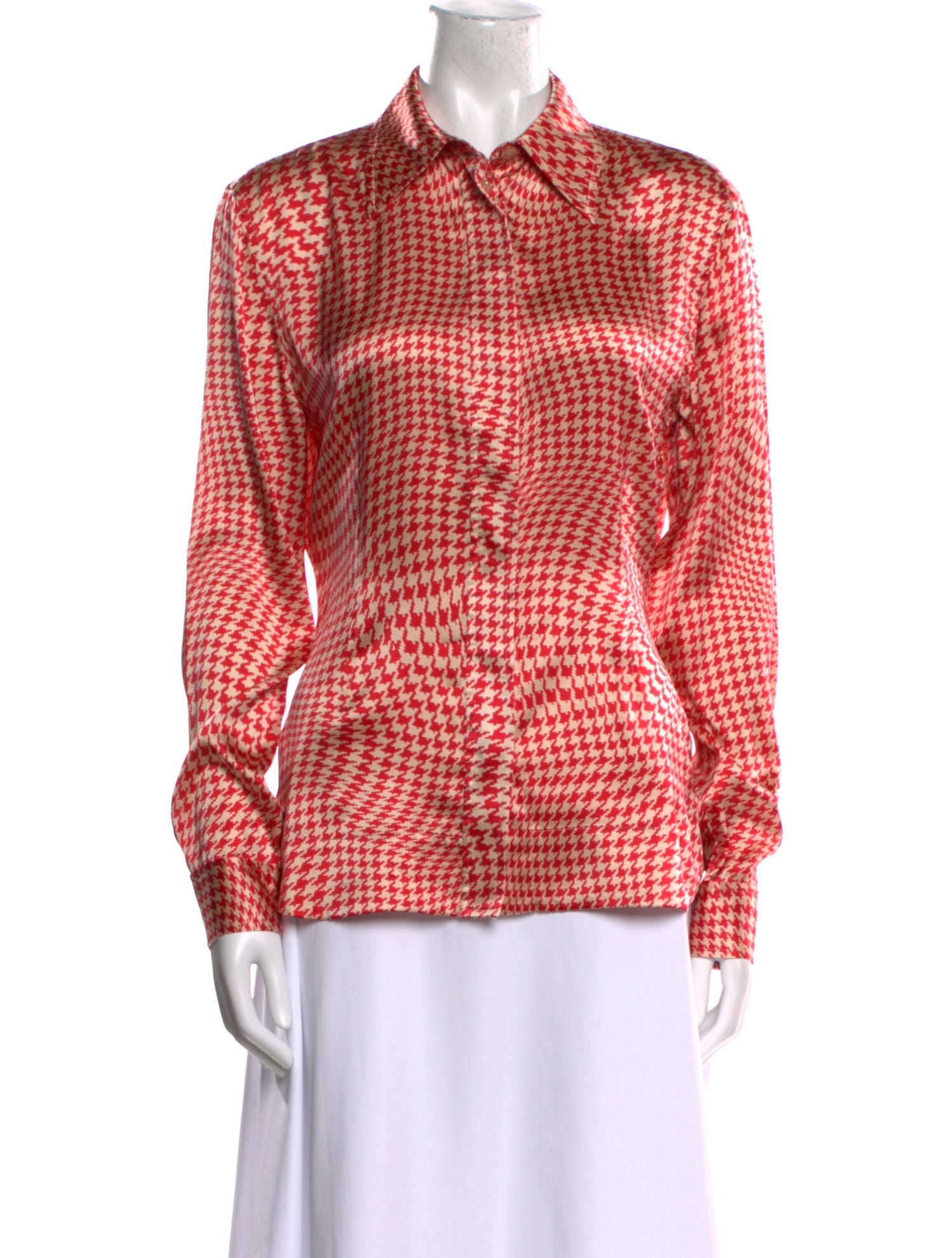 Ganni Silk Houndstooth Print Button-Up Top