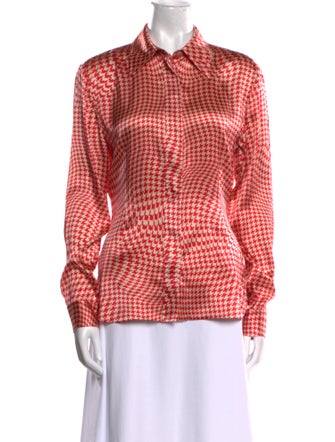 Ganni Silk Houndstooth Print Button-Up Top