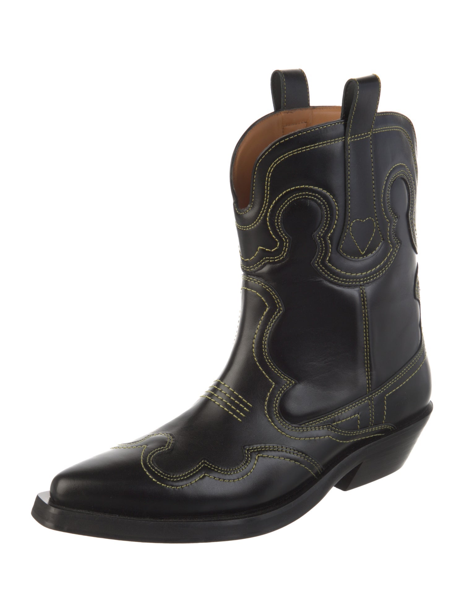 Ganni Leather Embroidered Accent Western Boots