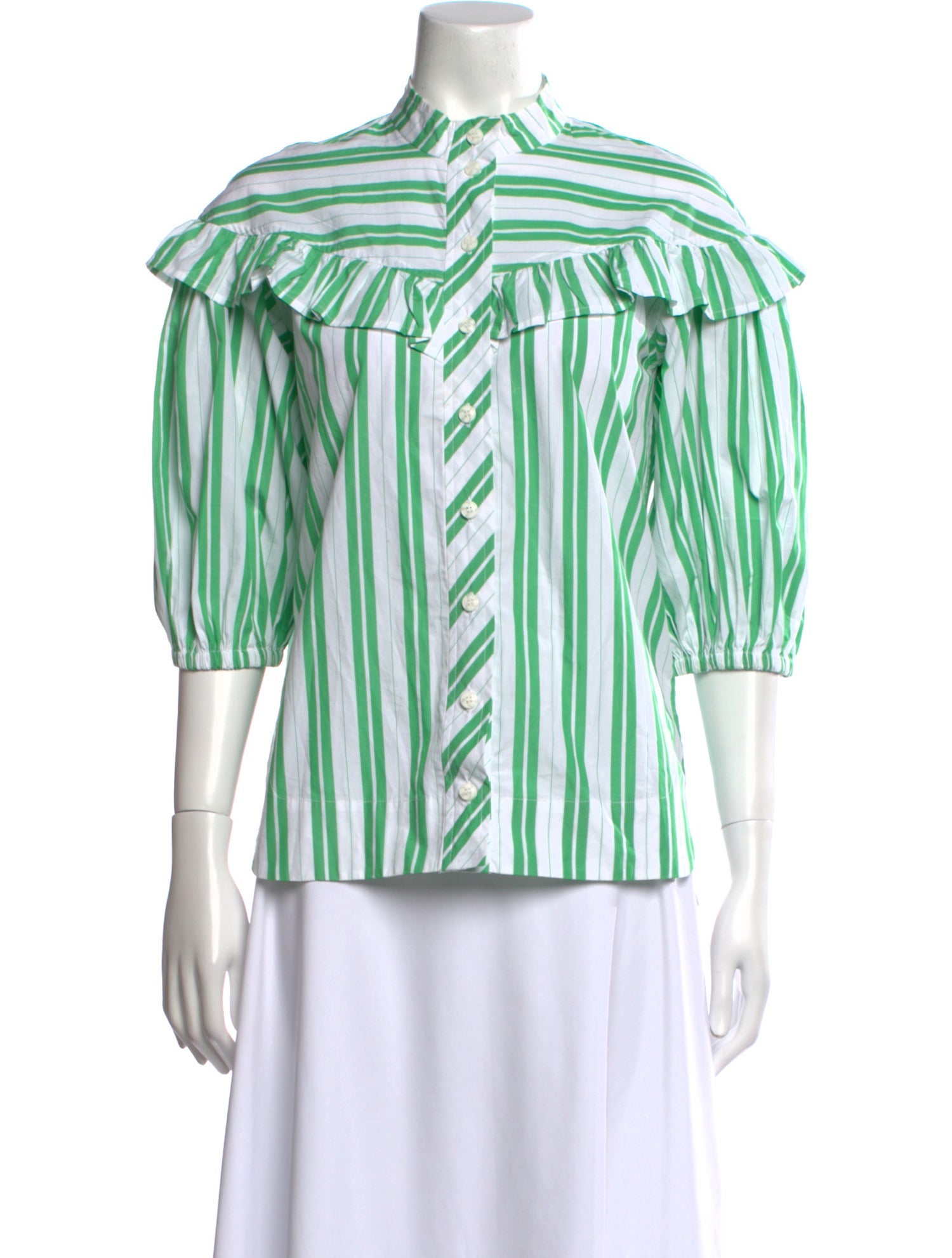 Ganni Striped Mock Neck Button-Up Top