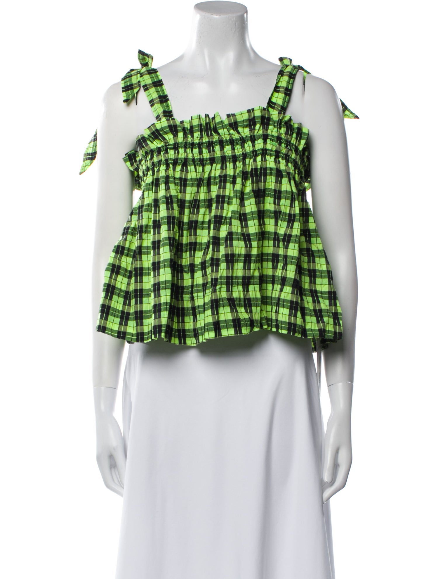 Ganni Plaid Print Square Neckline Crop Top