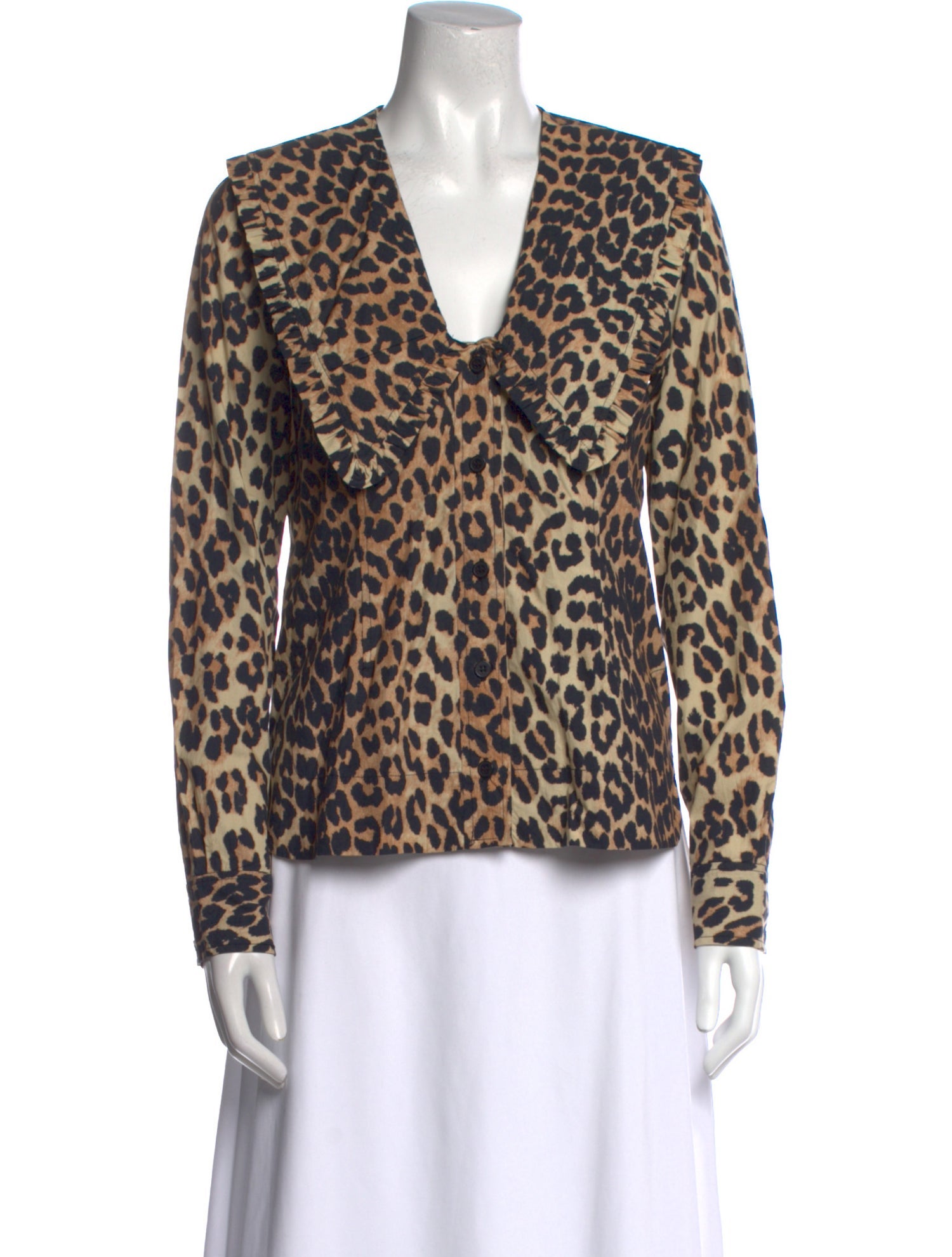 Ganni Animal Print V-Neck Button-Up Top