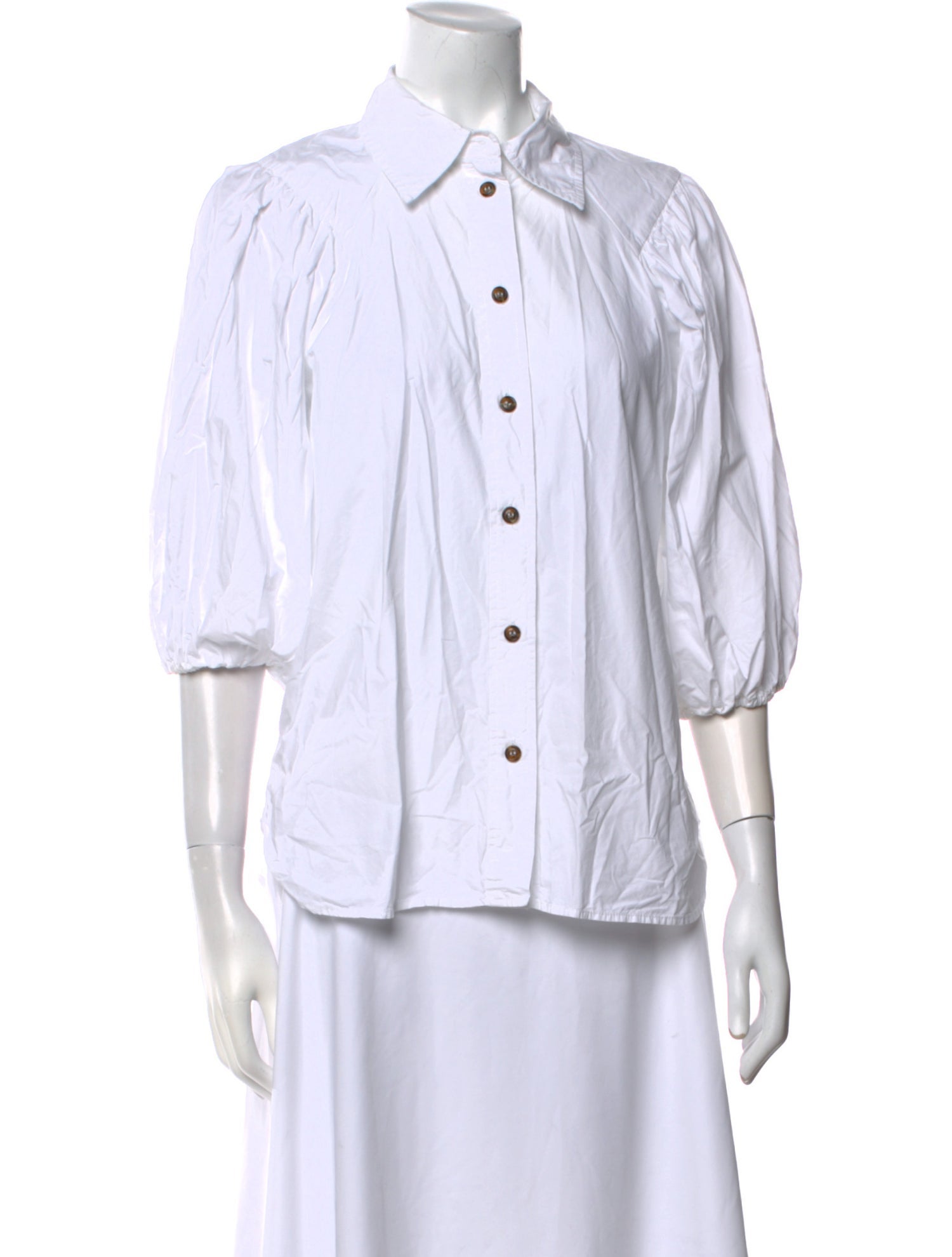 Ganni Striped Three-Quarter Sleeve Button-Up Top