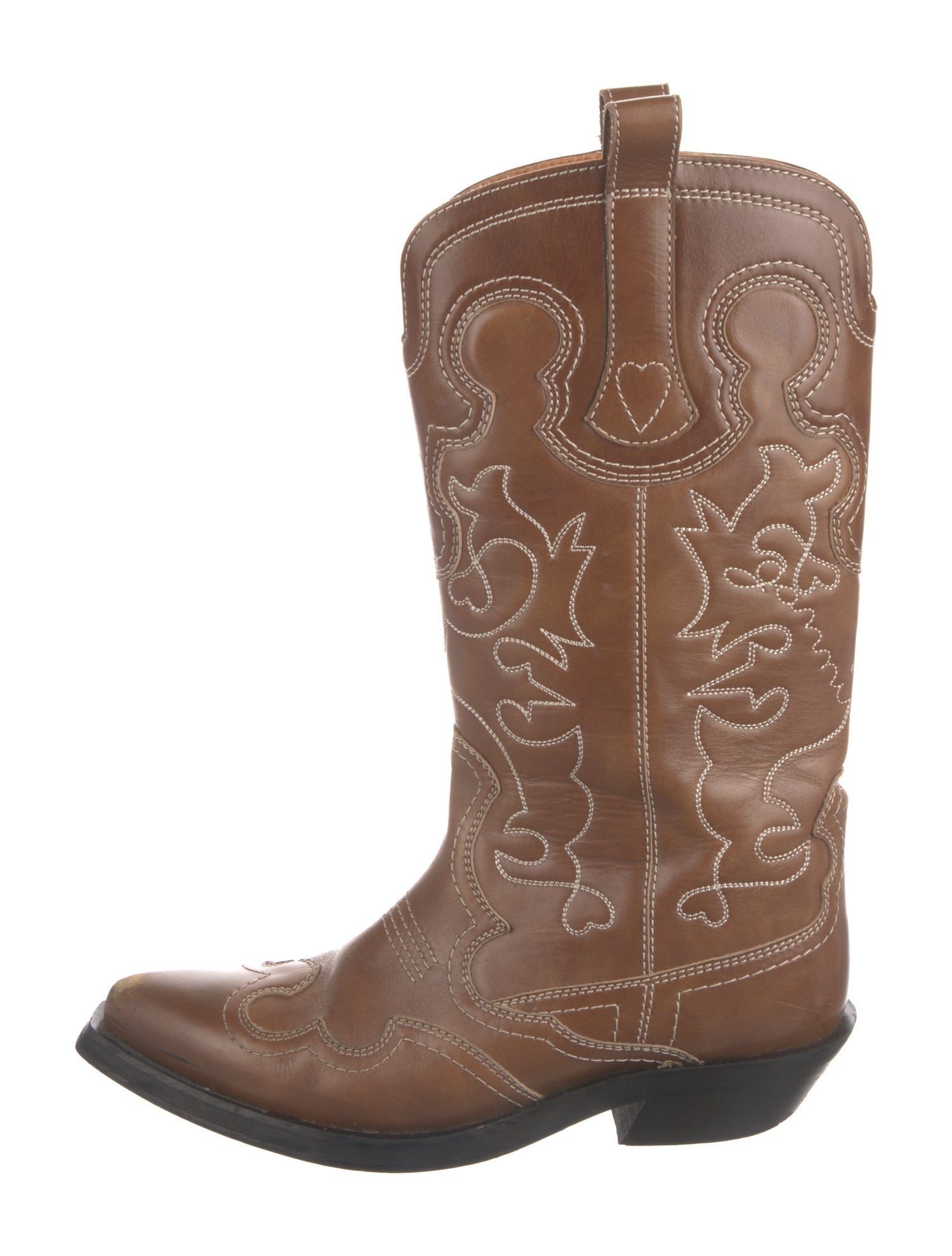 Ganni Leather Embroidered Accent Western Boots