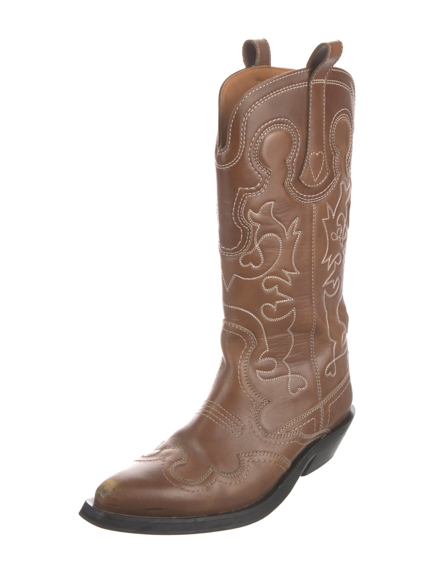 Ganni Leather Embroidered Accent Western Boots