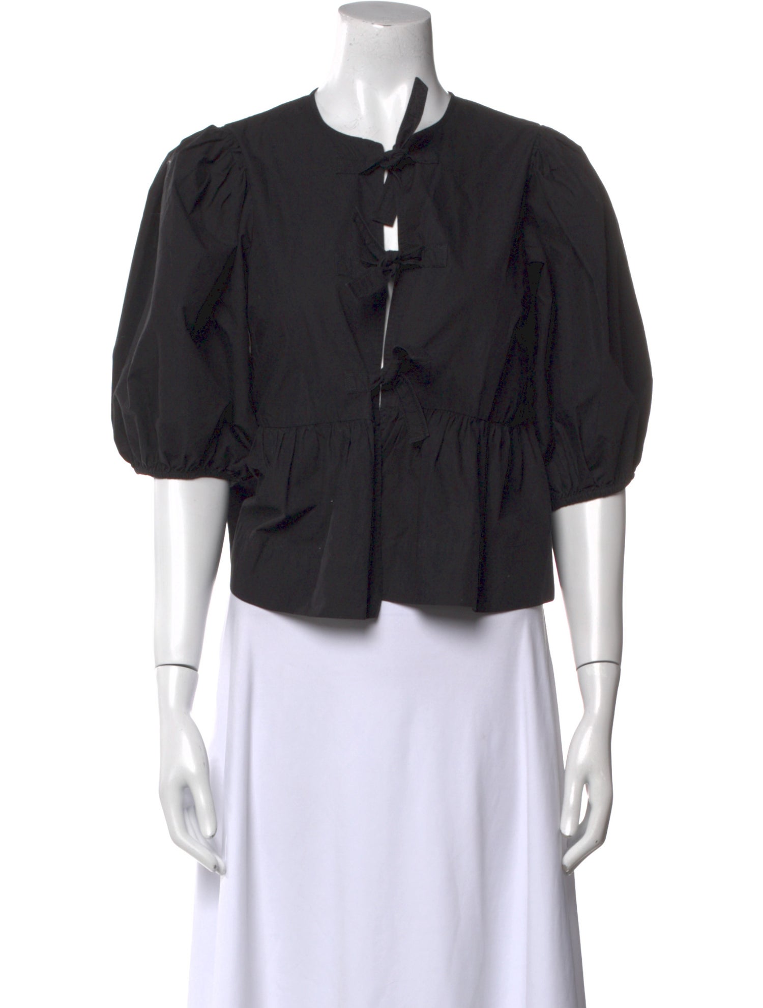 Ganni Tie Neck Three-Quarter Sleeve Crop Top