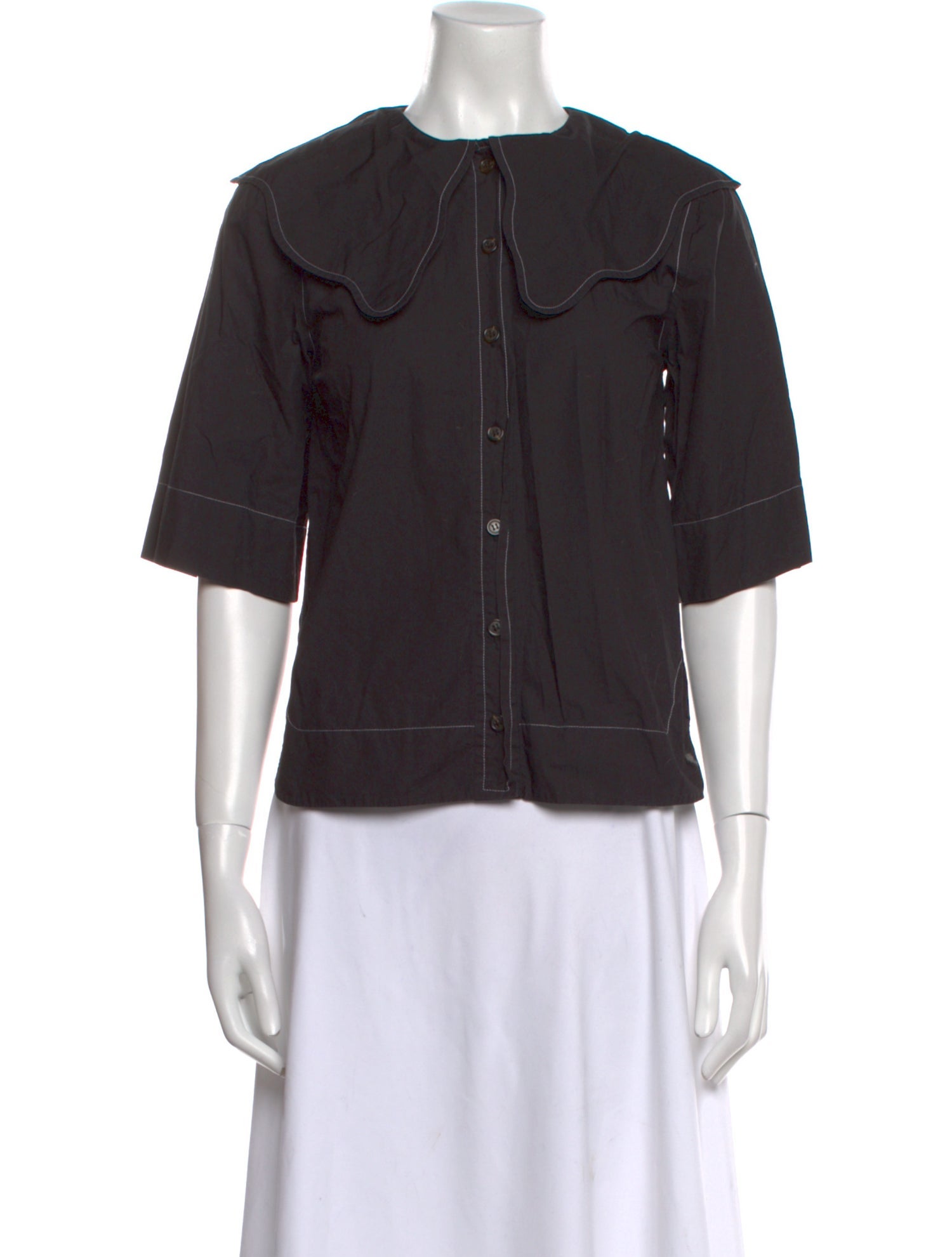 Ganni Crew Neck Three-Quarter Sleeve Button-Up Top