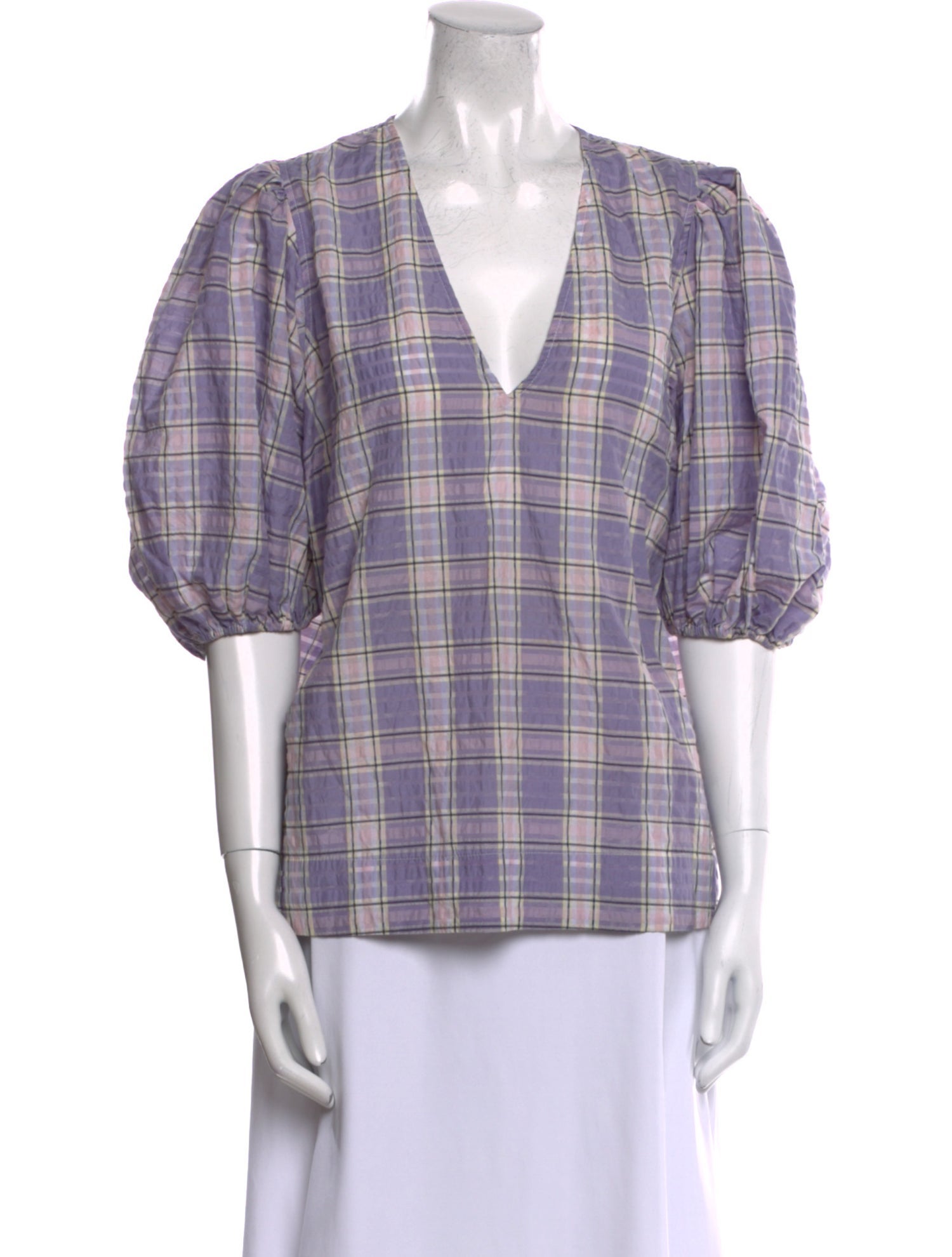Ganni Plaid Print V-Neck Top