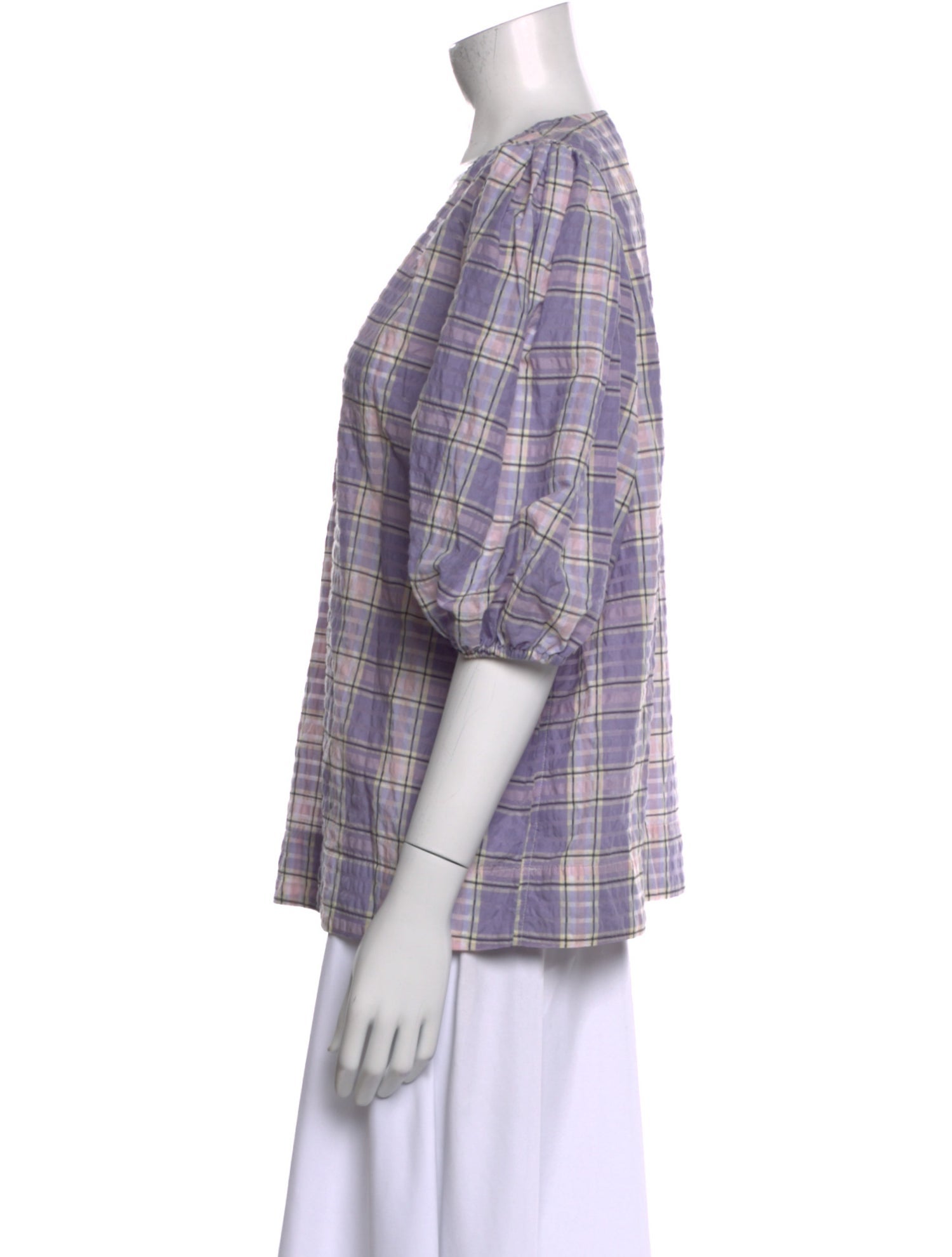 Ganni Plaid Print V-Neck Top