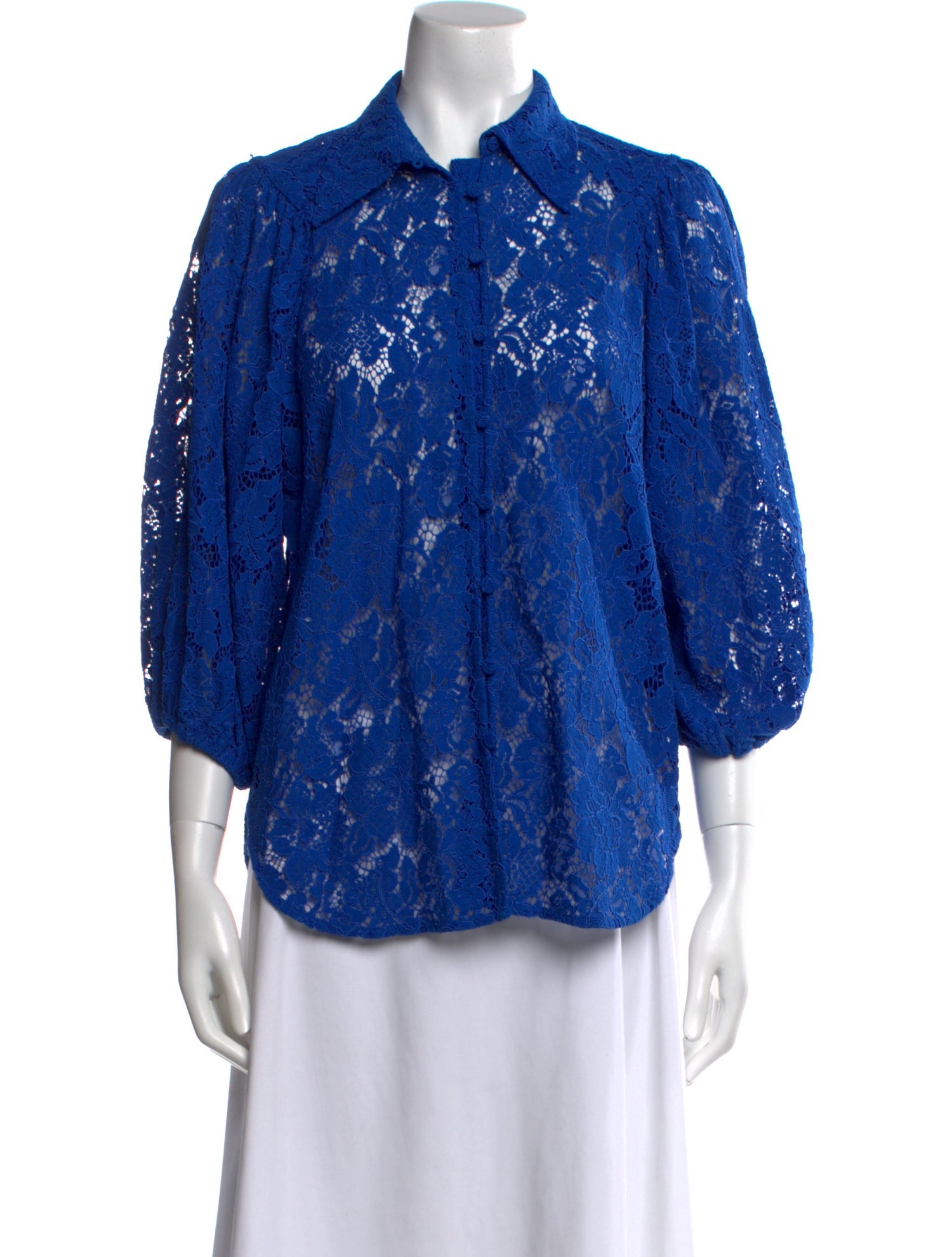 Ganni Lace Pattern Three-Quarter Sleeve Button-Up Top