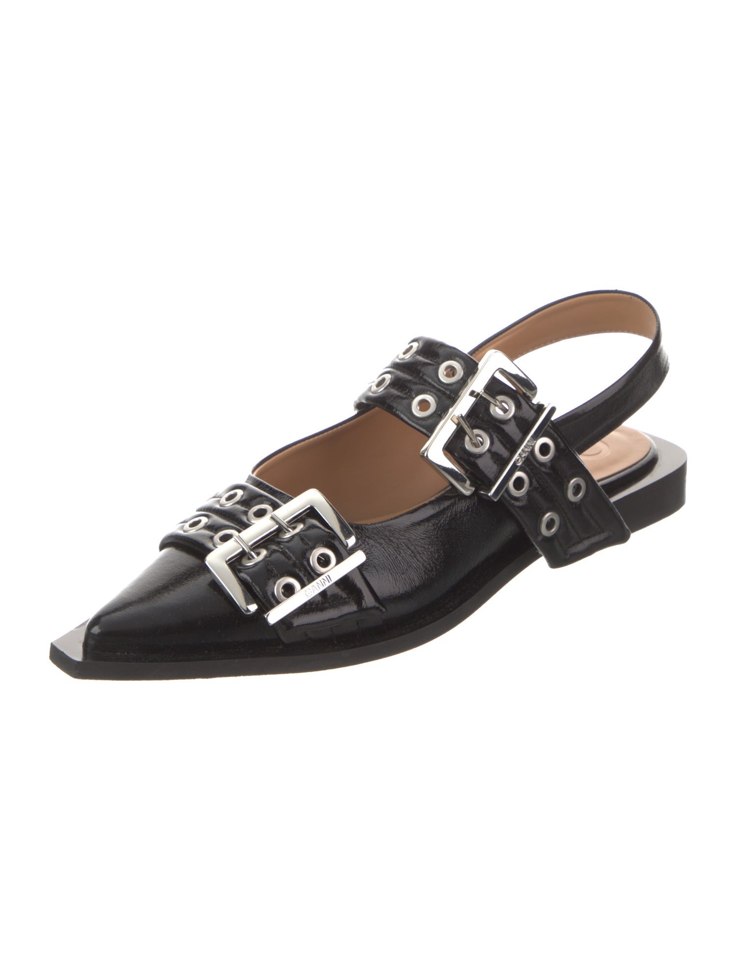 Ganni Patent Leather Eyelet Trim Slingback Flats