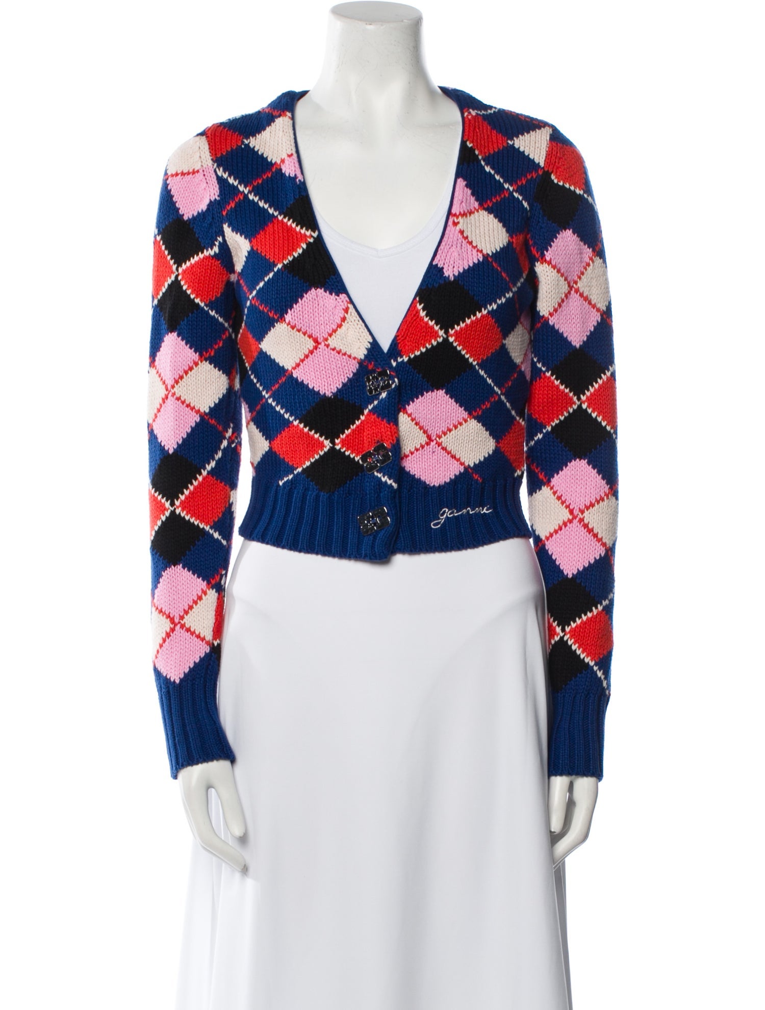 Ganni Plaid Print V-Neck Sweater