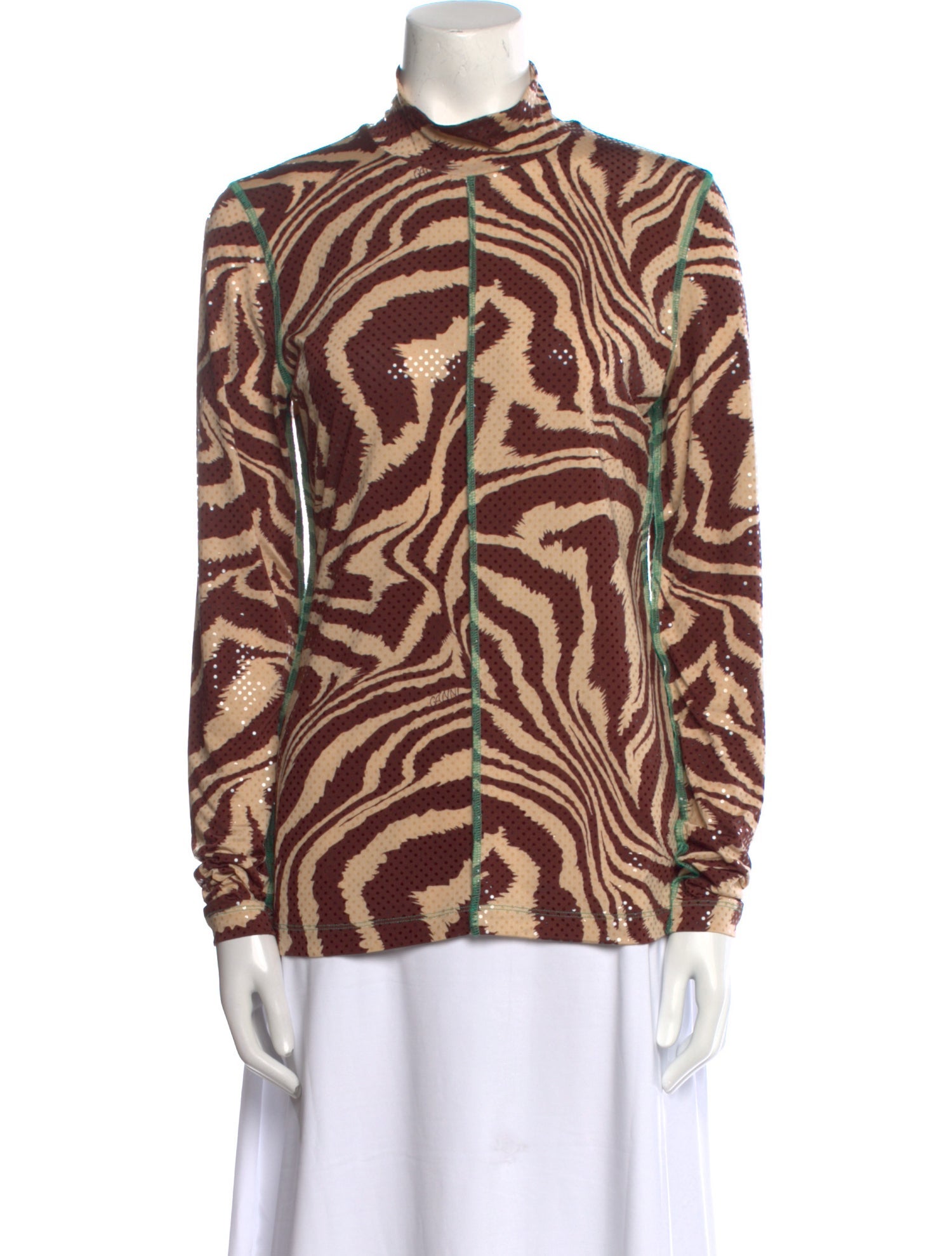 Ganni Printed Mock Neck Button-Up Top