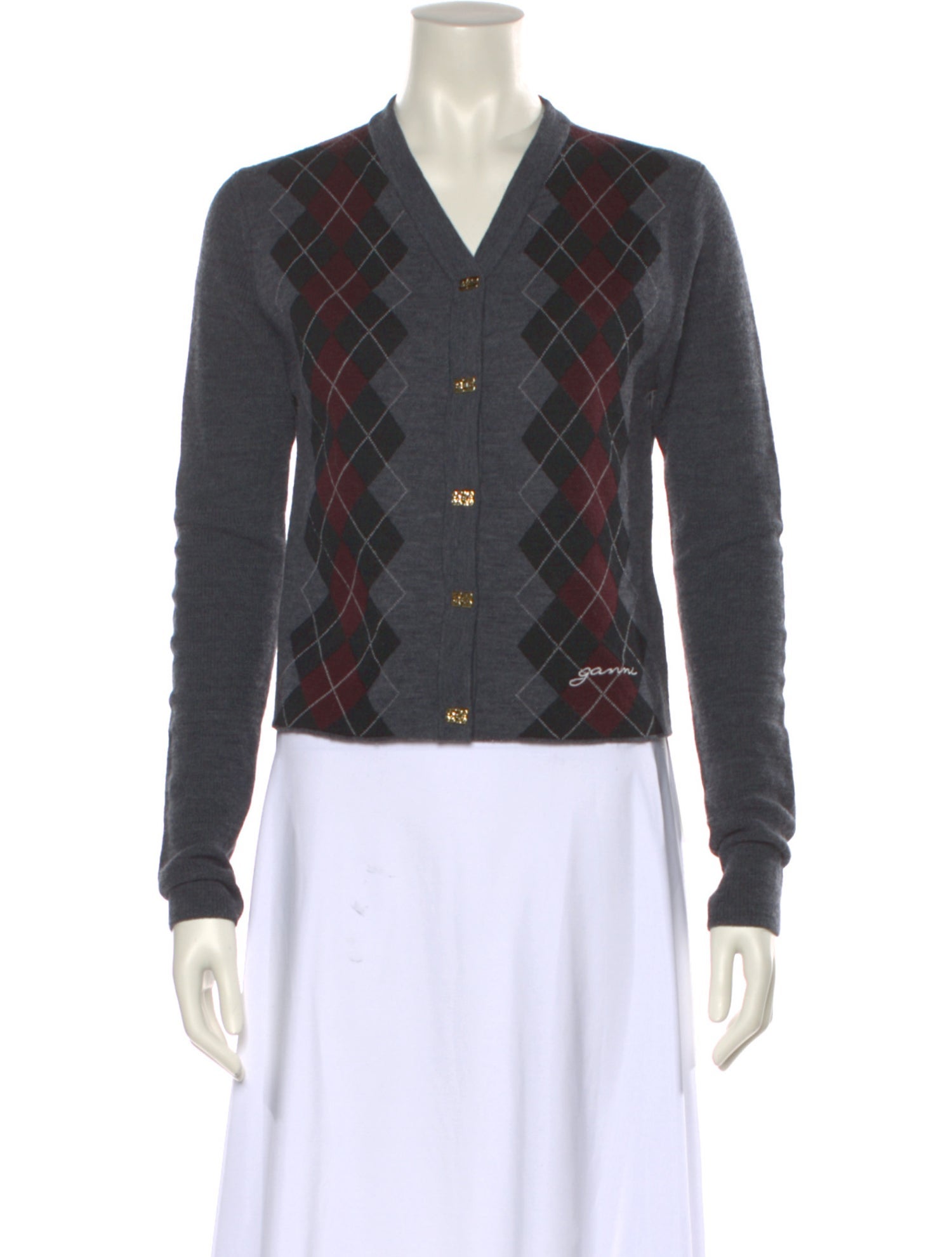 Ganni Merino Wool Plaid Print Sweater