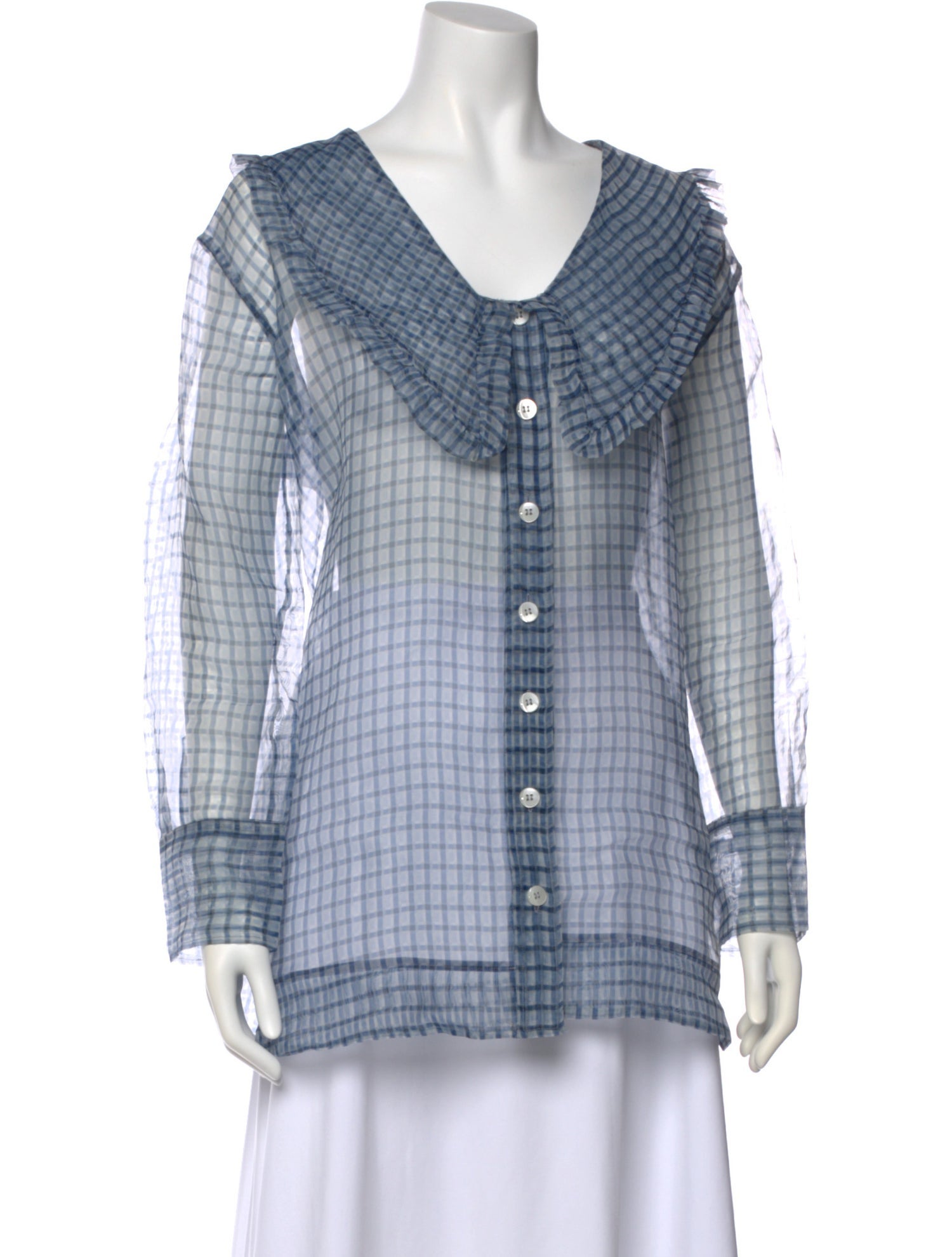 Ganni Plaid Print V-Neck Button-Up Top