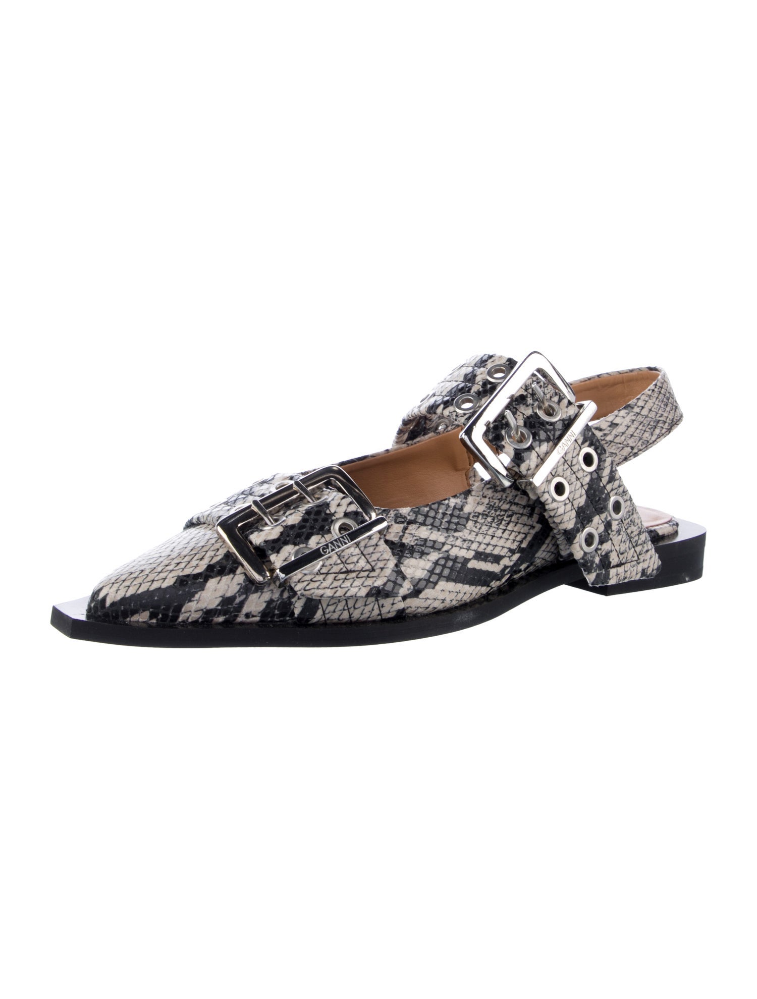 Ganni Leather Animal Print Slingback Flats