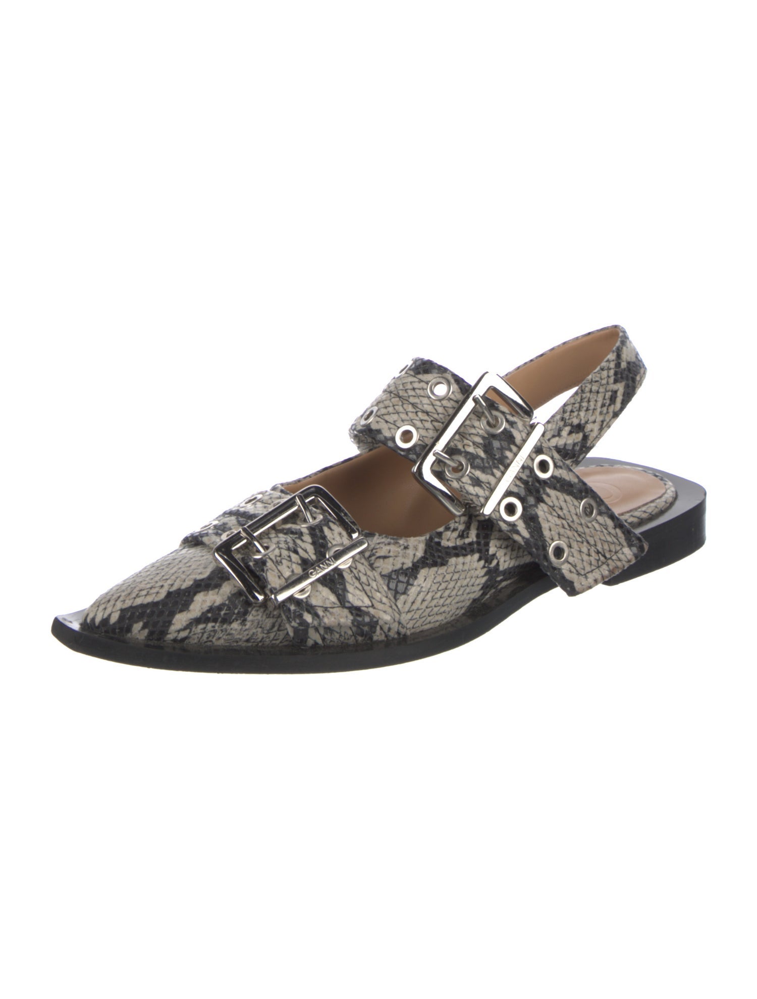 Ganni Leather Animal Print Slingback Flats